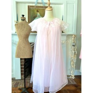 Vintage Pink Nightgown Housecoat Set Coquette Cottagecore Petite Sheer Lingerie